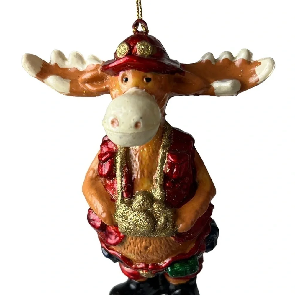 Moose Ornament Tourist Figurine Holding Camera Wearing Red-Park Ranger Christmas
